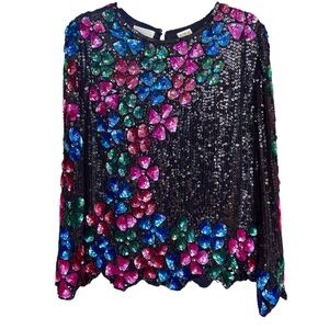 Vintage Sweelo Floral Silk & Sequin Tunic Top Multicolor Embellished Blouse